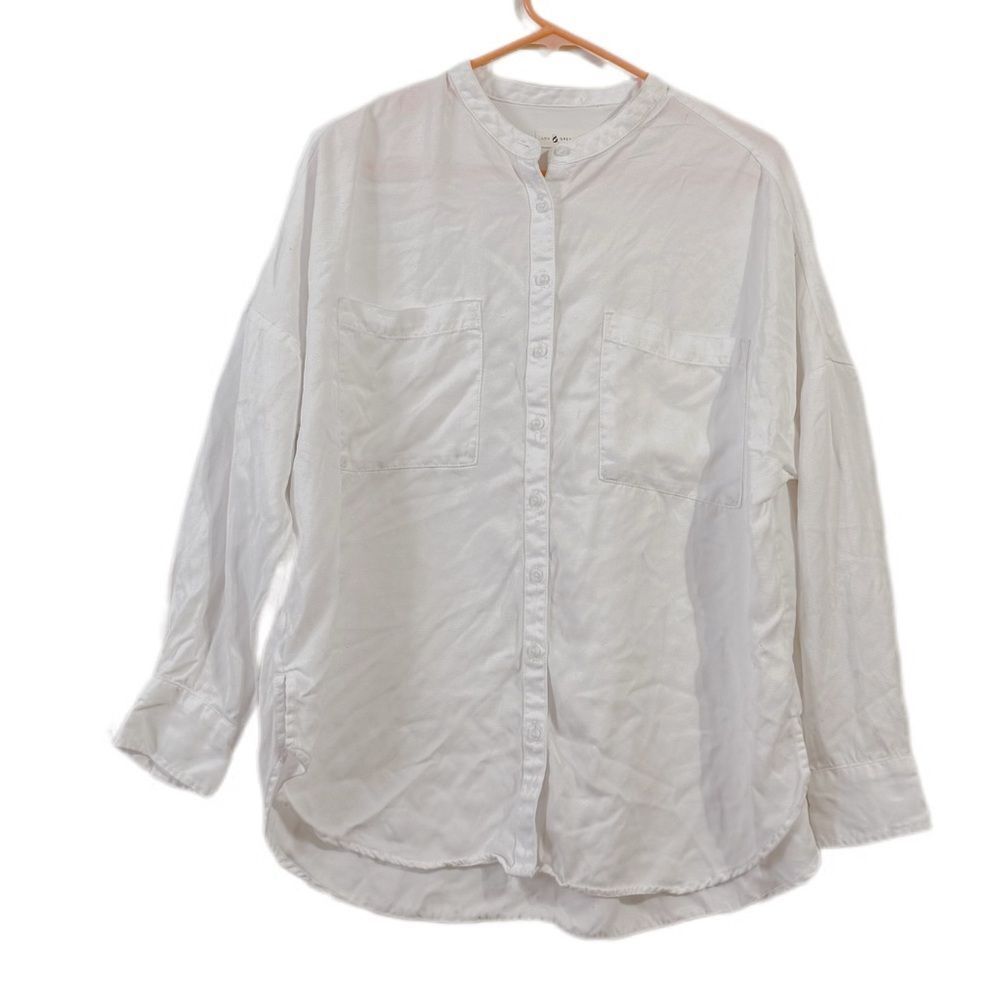 LOFT White Mandarin Collar 3/4 Sleeve Button Down‎